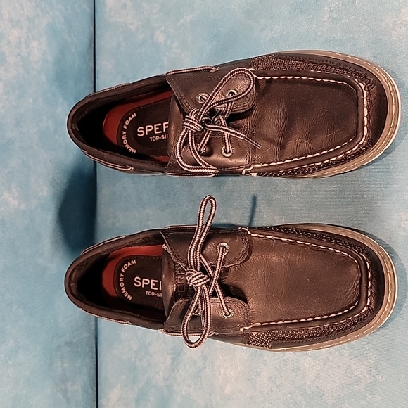 ❤Men's Sperry Top Siders, Black Leather w/ Tri-Color Soles & Memory Foam Insoles - Picture 3 of 13